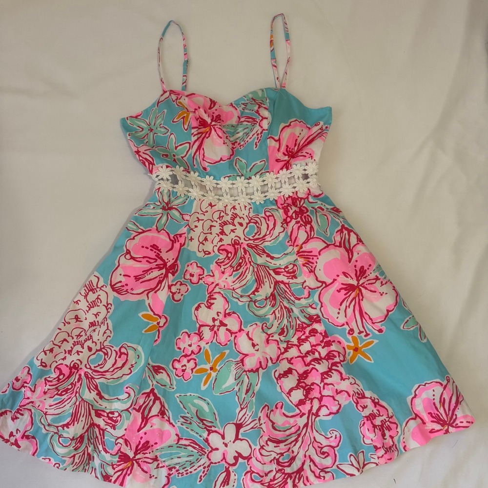 Lilly Pulitzer Blue Pink Floral Flare Dress Spaghetti Straps Crochet Waist Sz 00